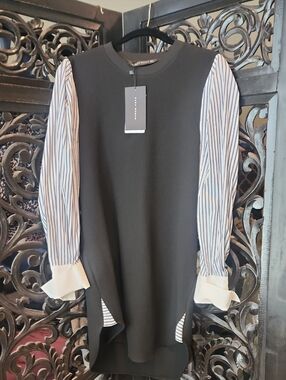 Zara NWT Shirt Dress Black Striped Sleeves French Cuffs Small